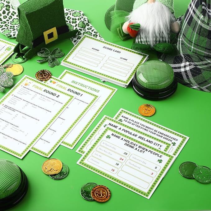 Soulchen 32 Pcs St. Patrick's Day Friendly Feud Game Set St. Patrick's Day Party Game Trivia Quiz 30 Card 2 Buzzer for Adults Family Irish Home Games Activities Party Supplies, Battery Not Included