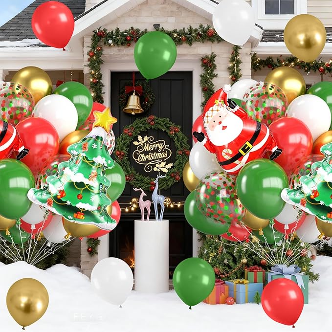 Christmas Balloons,12 Inch Red Green Gold and Christmas Tree Santa Foil Balloon with Ribbon,for Party Xmas Gifts School Classroom Game New Year Decorations