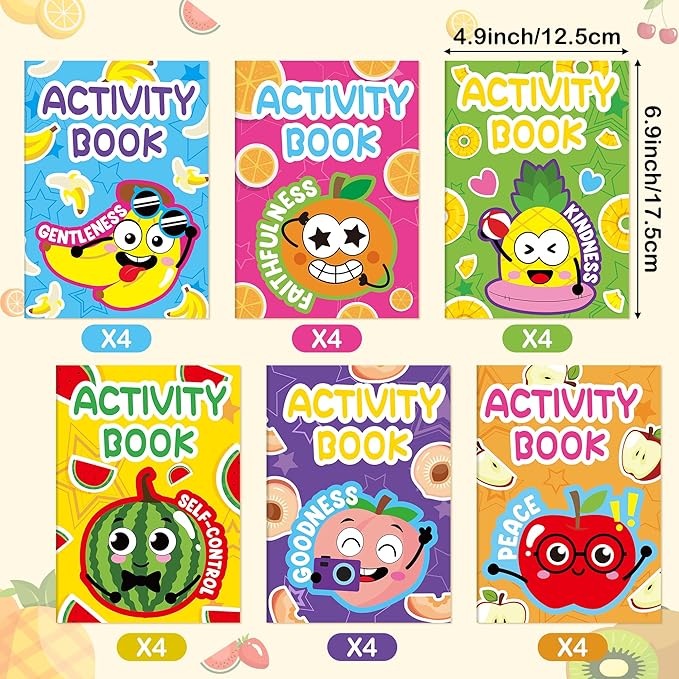 24Pcs Religious Fruit Activity Books for Kids - Mini Fun Games Coloring Book Bulk Party Favors Goodie Bags Stuffers for Birthday Classroom School Students Rewards Supplies