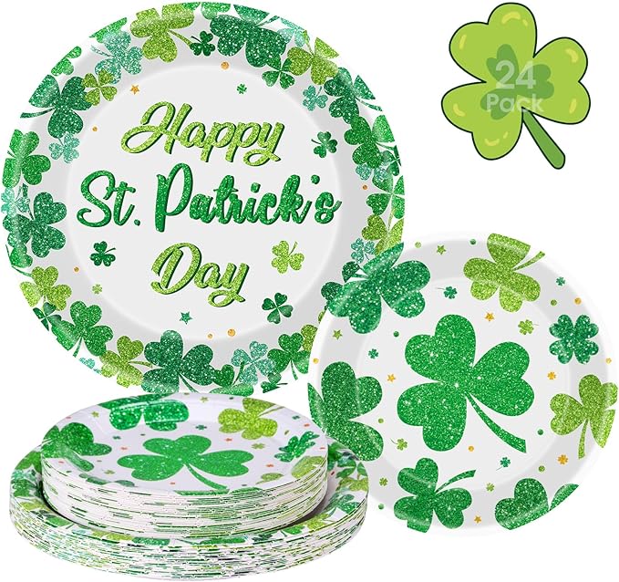 24 Pcs Happy St Patricks Day Plates Set - Disposable Green Shamrock Paper Plate, Irish Round Dinner Dessert Plate Dinnerware Kit for St Patrick's Day Party Decorations Supplies Table Decor