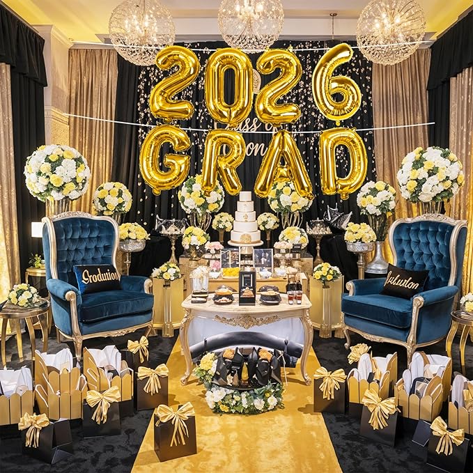 2026 Congrats Grad Balloons, 16 Inch Metallic Gold 2026 GRAD Foil Balloons Banner Sign for Graduation Decorations 2026, College High School Class of 2026 Graduate Congratulations Party Decor Supplies