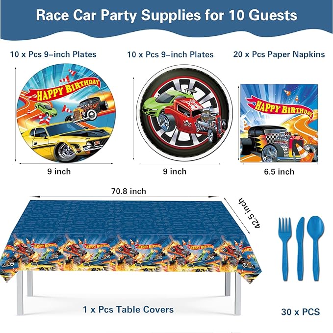 122 Pcs Hot Car Birthday Party Supplies,Included Banner,Backdrop,Tablecloth,Cake Topper,Cupcake Toppers,Balloon,Racing Car Tableware Set for Boy and Girl Wheel Party Decorations