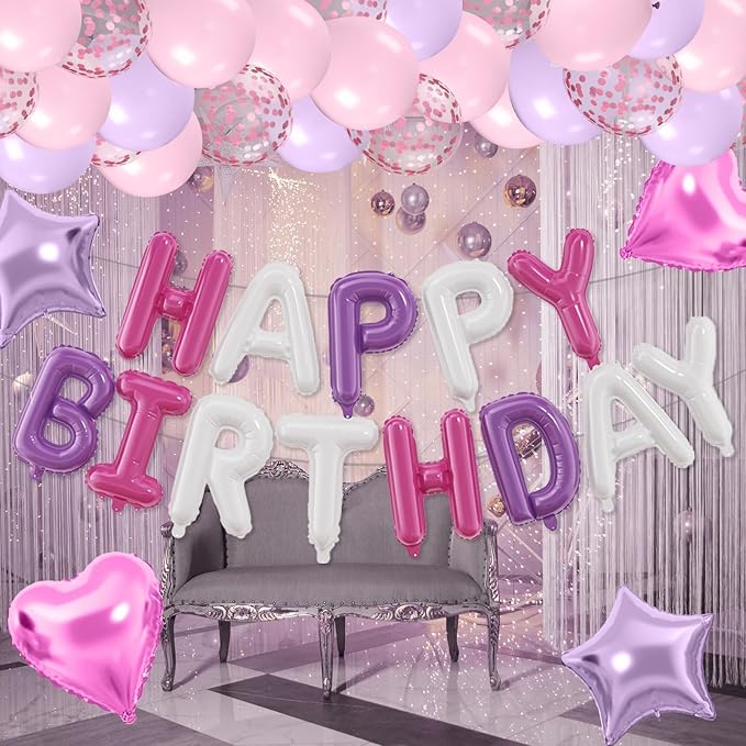 29PC Pink Purple Happy Birthday Balloon Banner, 16 Inch Foil Letters Letter Banner Sign, Pink Purple Balloons Metallic 18 Inch Star Heart Foil Balloon for Women, Men Party Supply