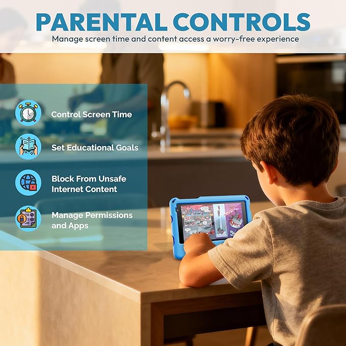 Contixo A7 Kids Tablet with 14 Apps, Lingokids & Epic, 7" HD Screen, Android 15, Parental Controls, WiFi, 3+32GB Storage, al Tablet for Kids Ages 3-12, Boys & Girls Gift, Blue