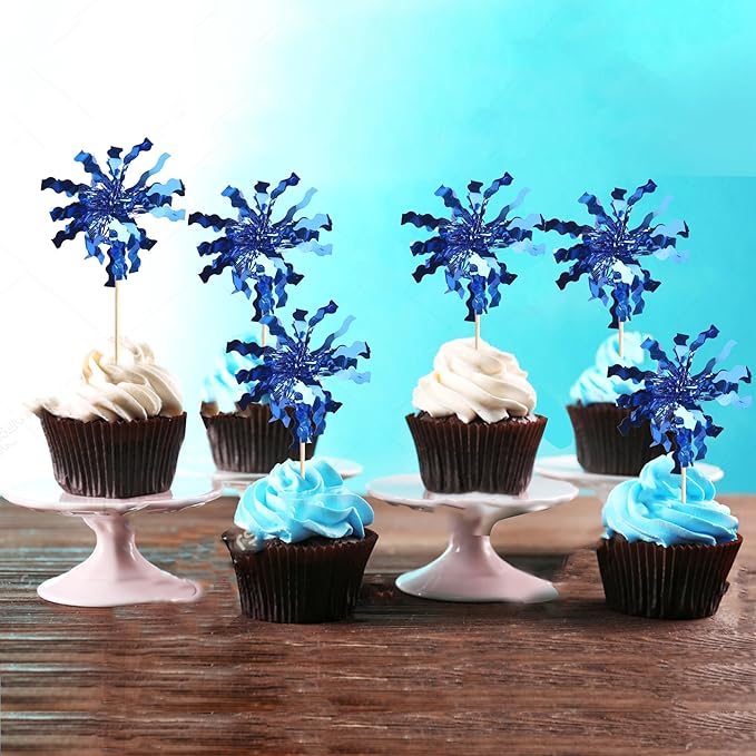30 PCS Foil Firework Cupcake Toppers Sparkle Tinsel Cupcake Picks Happy Birthday Cake Toppers Drink Stirrers Cocktail Fruit Toothpicks for Baby Shower Birthday Party Decorations Supplies Dark Blue