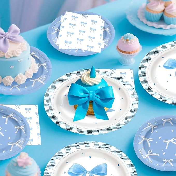 180Pcs Blue Bow Party Supplies Paper Plates and Napkins Serve 60 Disposable Tableware Set for Birthday Party Decorations Game Day Family Holiday Sports Events