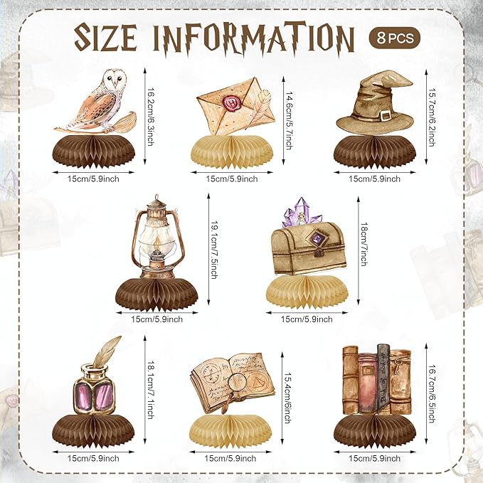 Magical Wizard Birthday Decorations 8Pcs Magic School Witch Wizard Honeycomb Centerpieces Vintage Castle Owl Table Topper Decor for Magical Baby Shower Party Supplies