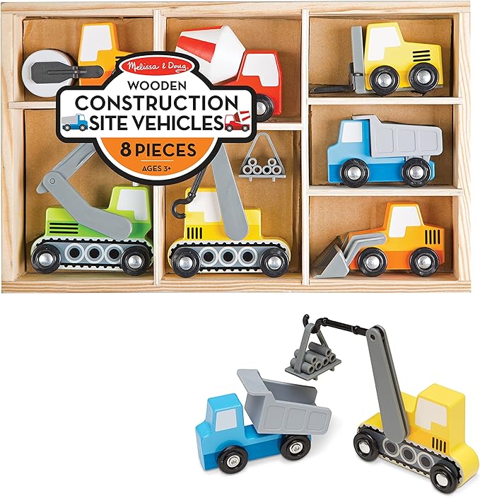 Melissa & Doug Wooden Construction Site Vehicles with Wooden Storage Tray (8 pcs)