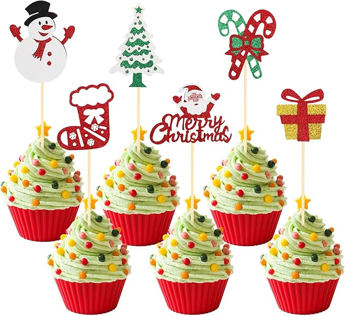 Christmas Cupcake Toppers Cake Decorations, 24 PCS Merry Christmas Cake Topper, Glitter Santa Clus Snowman Xmas Tree Decorative Cupcakes Ficks Food Picks for Xmas Holiday Party Decoration Supplies