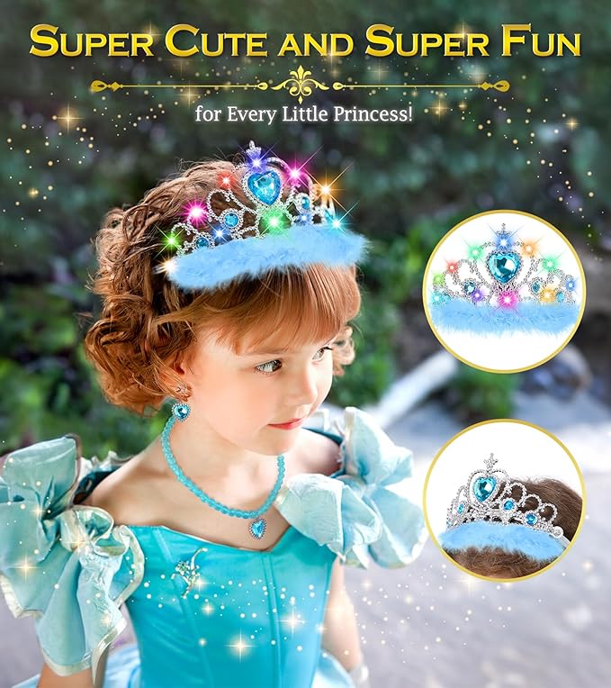 Princess Crown Tiara for Little Girls Princess Dress Up Accessories, Light Up Tiara Wand Toy Gifts for 3-6 Girl