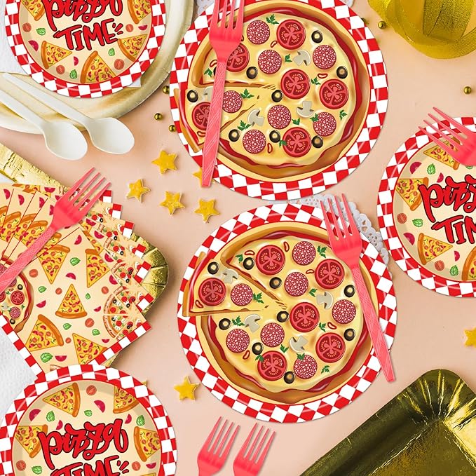 Pizza Plates and Napkins Party Supplies - 96PCS Pizza Birthday Party Decorations Pizza Time Pizza Themed Disposable Tableware Set Serves 24 Guests