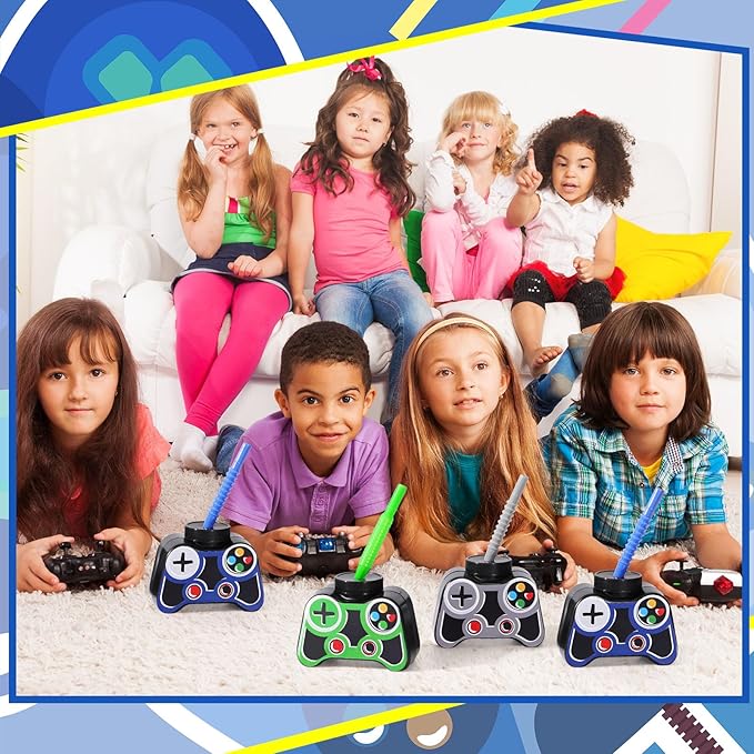 Mifoci 12 Pcs Plastic Video Game Party Cups with Straw and Lid 10oz Gamer Birthday Themed Drink Cups 7th Video Game Party Favors for Kids Toddlers Gamer Birthday Supplies (Blue)