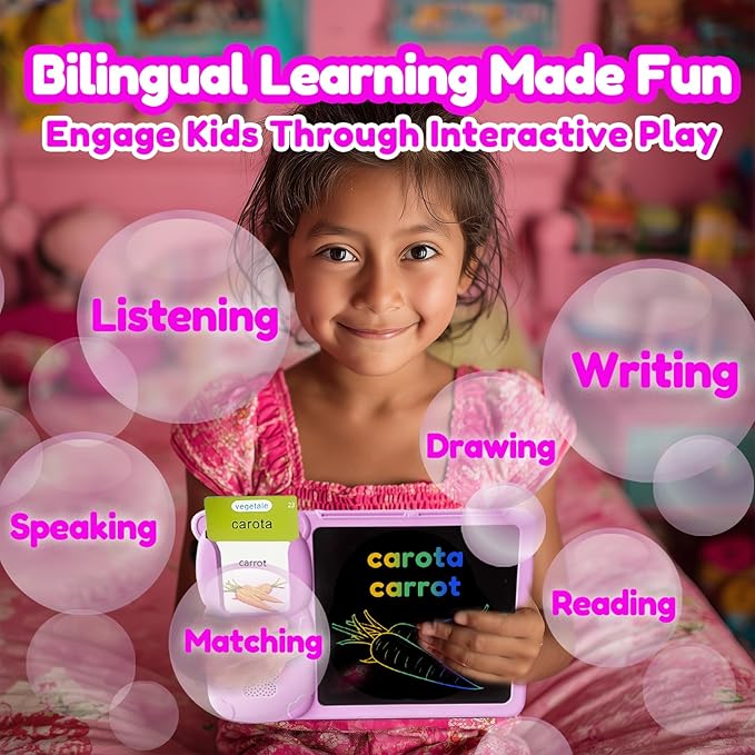 Drawing Tablet with Bilingual Flashcards for Kids - Italian English Talking Flash Cards, LCD Writing Pad Board, Pocket Speech for Toddlers, Learning Toy Gift for Boys Girls (Italian, Pink)
