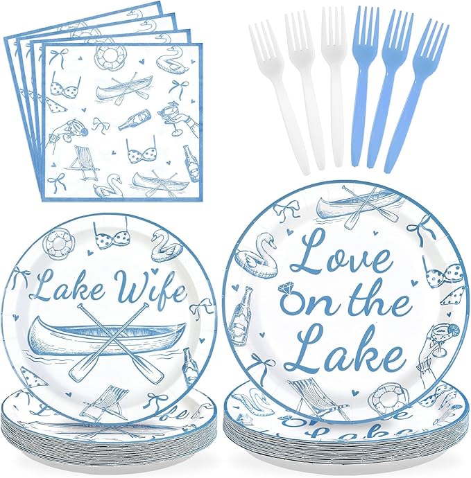 96Pcs Happy Engagement Party Decorations ﻿Dusty Blue Wedding Decor Plates and Napkins Disposable Love on the Lake Engagement Themed Tableware for Girls Bridal Shower Wedding Party Supplies Serves 24