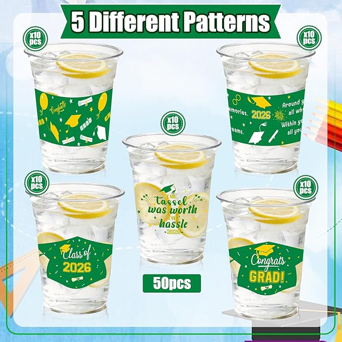 GuassLee Green and Gold Graduation Decorations Class of 2026, 50 Pack 12 oz Graduation Plastic Disposable Cups for Drinks 2026 School Grad Party Favors Supplies