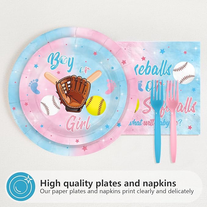 96Pcs Baseball or Softball Party Decoration Baseball Gender Reveal Plates and Napkins Pink Blue Sports Theme Disposable Tableware Set for He or She Baby Shower Party Supplies Serves 24