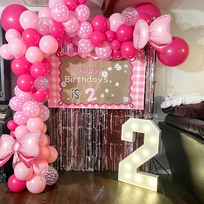 Pink Bow Balloons, 62Pcs 12Inch Hot Pink Bow Foil Balloons Set, Polka Dot and Confetti Latex Balloon for Girls Women Birthdays Baby Shower Bridal Bachelorette Cartoon Theme Valentine Party Decoration