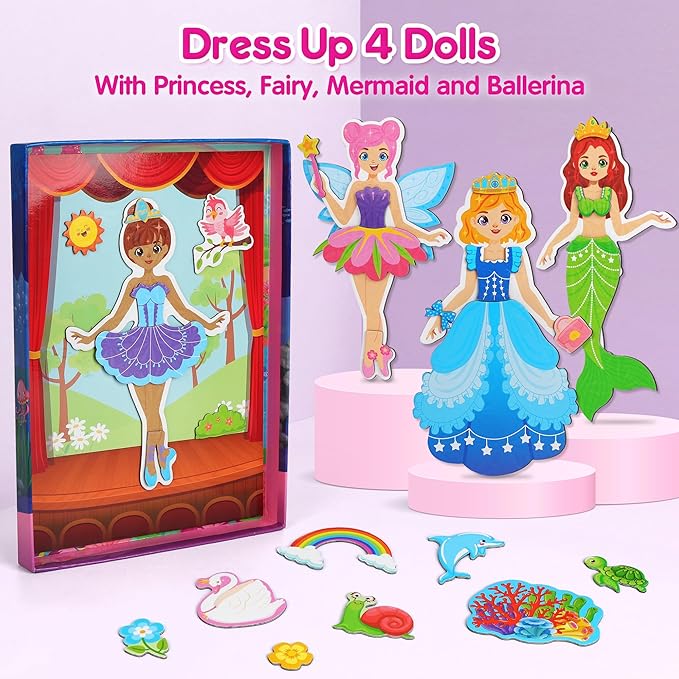 Mocoosy Magnetic Dress Up Dolls for Girls, Princess Mermaid Fairy Ballerina Magnet Doll Dress Up Kit, Travel Game Airplane Car Road Trip Activities Toy Birthday Easter Gift Toddler Girl Age 3 4 5 6 7