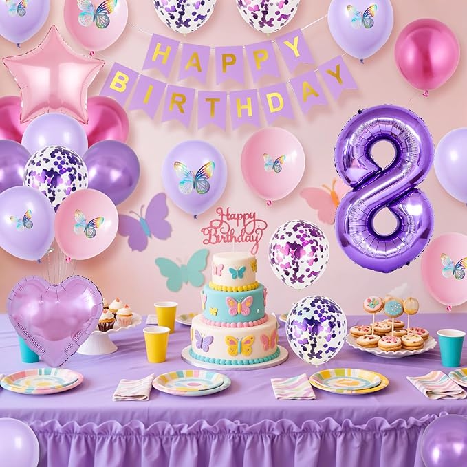 8th Birthday Decorations for Girl,Pink Purple 8th Butterfly Decoration Birthday Balloons Pink Purple Banner Number 8 Balloons Cake Topper Butterfly Party Supplies for Girls