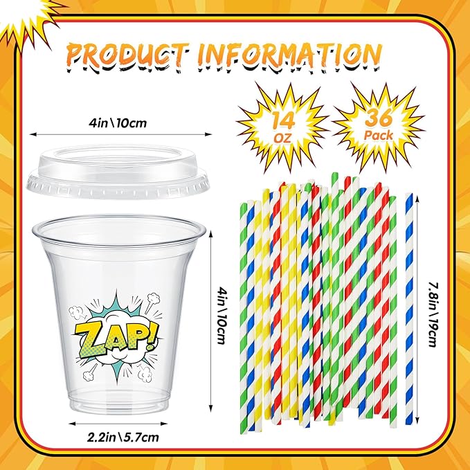 Boao 36 Sets Hero Party Cups with Lids and Paper Straws 14 oz Hero Birthday Party Supplies Favors Disposable Clear Plastic Cups Bulk