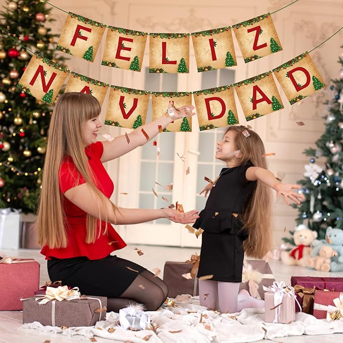 Feliz Navidad Banner Merry Christmas Banner Vintage New Year Garlands Sign for Feliz Navidad Christmas Decorations Mexican Spanish Holiday Decor Home Office Party Fireplace Mantle Decor
