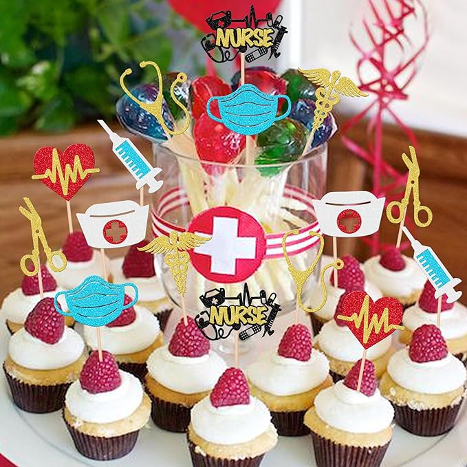 32 PCS Glitter Nurse Cupcake Toppers - Graduation Cake Decorations for Medical School Rn Nurse Grad Themed Birthday Party Supplies