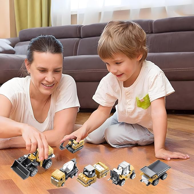BenRich 6Pcs Mini Die Cast 1/64 Scale Alloy Construction Vehicle Set - Dump Truck, Bulldozer, Forklift, Mixer Truck, Road Roller & Excavator Toys Car for Kids Boys Girls Birthday Gift (Yellow)