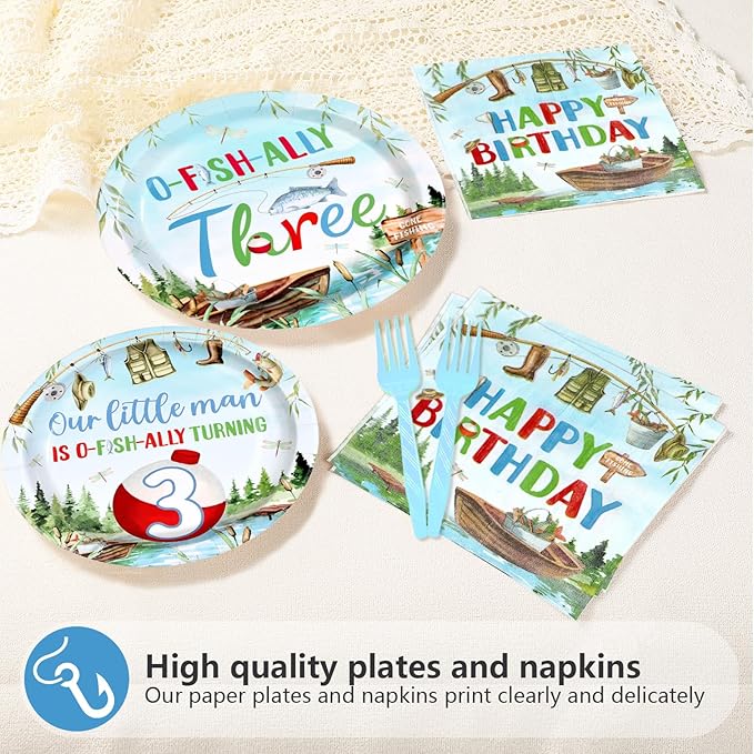96Pcs Fishing 3rd Birthday Party Decorations Gone Fishing Three Paper Plates and Napkins Ofishally Three Disposable Tableware Set for Fisherman Baby Shower 3rd Birthday Party Supplies, Serves 24