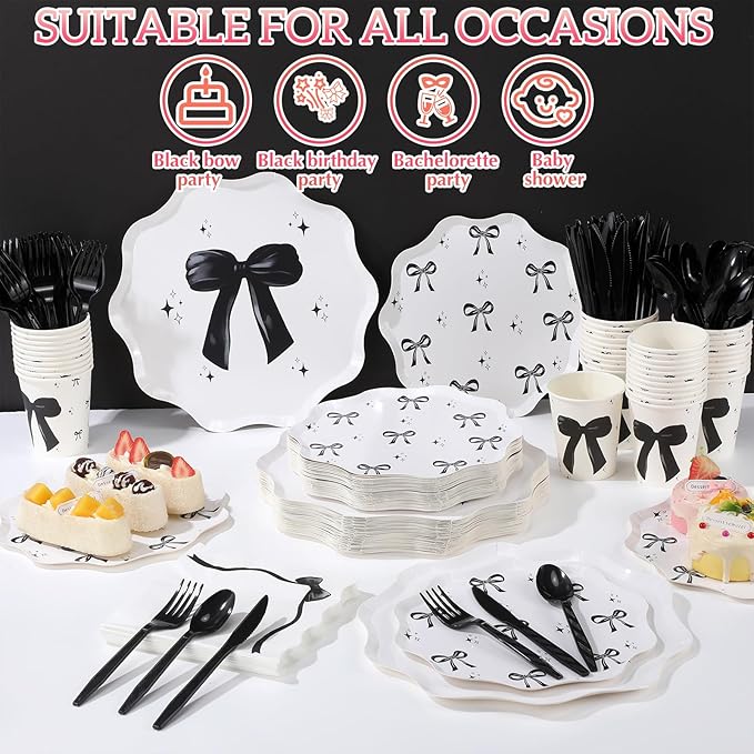 350 Pcs Bow Black Party Supplies Tableware Set Disposable 9'' 7'' Paper Plates 9 oz Cups Cutlery Napkins Dinnerware Set for 1st Birthday, Serve 50 (Bow, Black)