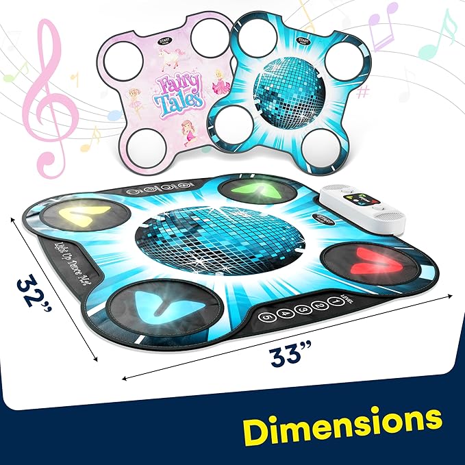Kidzlane Light Up DJ Dance Mat for Kids - Bluetooth & AUX Compatible - 3 Fun Arcade Games with 5 Difficulty Levels - Detachable Discoball & Fairytail - Adjustable Volume - Ages 6+