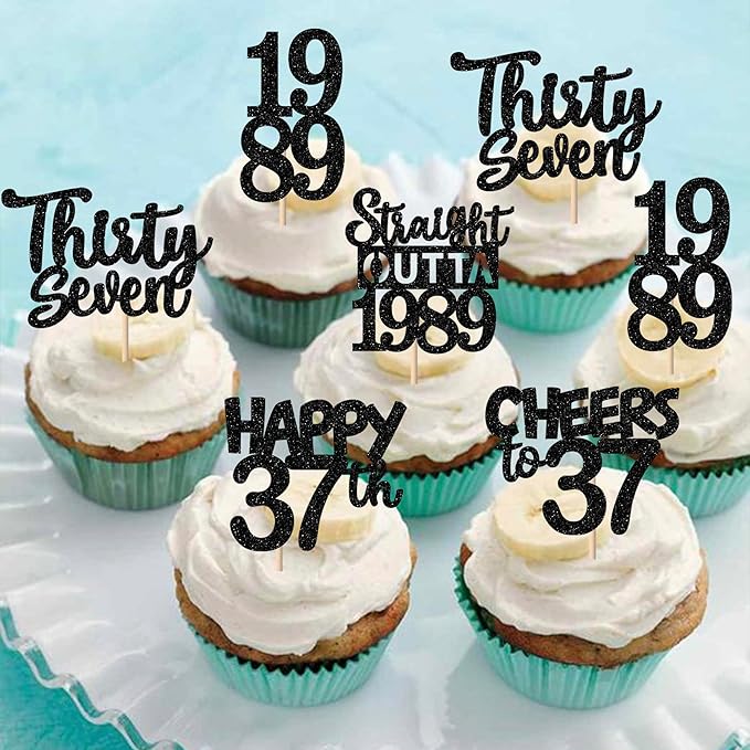 30PCS Black 37th Birthday Cupcake Toppers Glitter Thirty Seven Happy 37th Straight Outta 1989 Cupcake Picks for Cheers to 37 Years Birthday Wedding Anniversary Party Cake Decorations Supplies