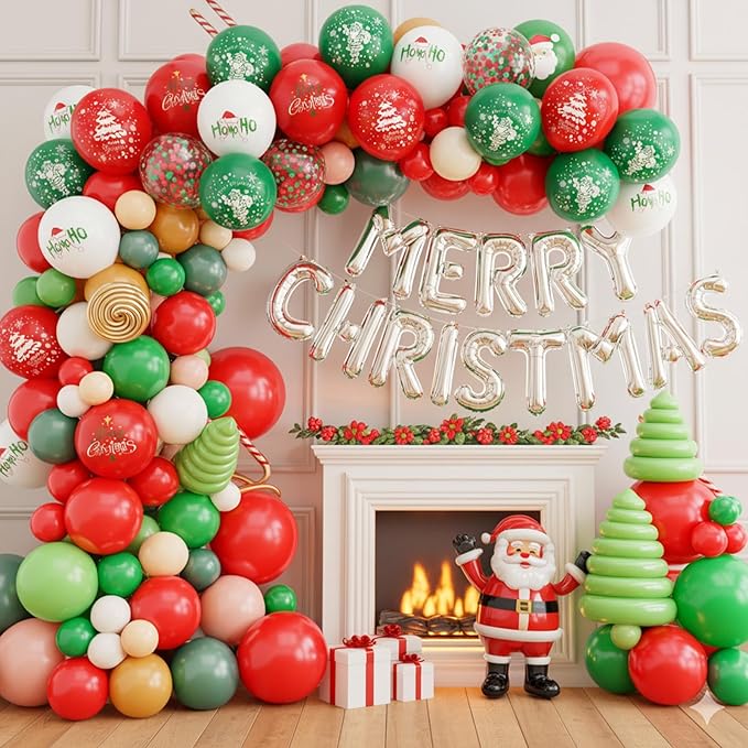 Merry Christmas Printed balloons, Red Green Confetti Balloon Set, 12 Inch Red Green White Latex Balloons Santa Claus Christmas Tree Printed Balloon Helium for Xmas Birthday New Year's Party Decoration