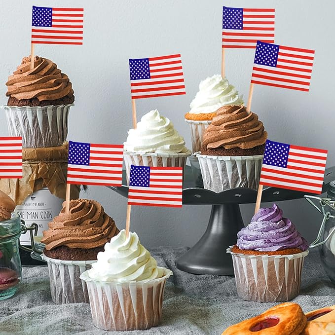 BLUE TOP 100pcs Mini American Flag Toothpicks,4 Inch America Flag picks, Cupcake picks for appetizers/cupcake/desserts,Great for July 4th, Olympic Games Celebration,Longer but better