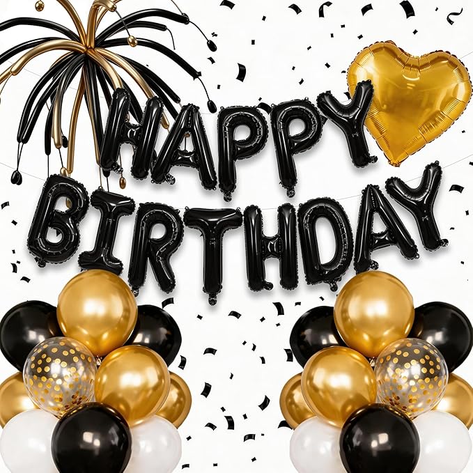 Black Happy Birthday Banner Balloon Aluminum Foil 16in Letter, 12in Latex Balloons, 11.8in Long Balloons, 16in Love Heart Aluminum Foil Balloon, Men, Women, Party Decoration Supplies (Black)