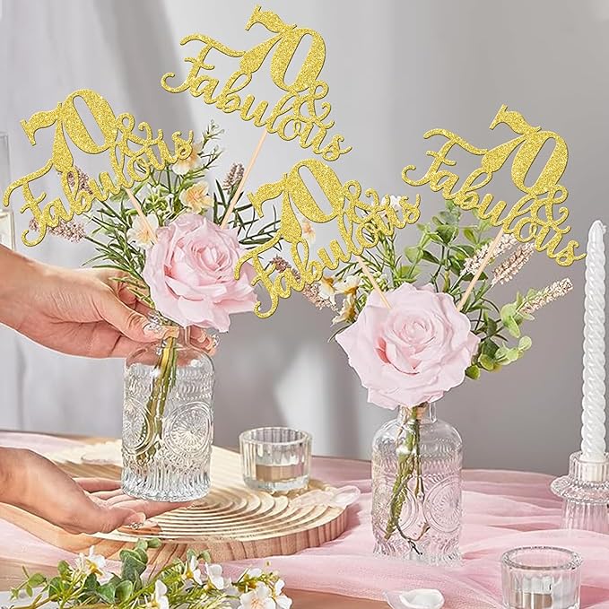 12 PCS 70 and Fabulous Centerpiece Sticks Double Sided Happy 70th Birthday Table Flower Centerpieces Sticks Cheers to 70 Floral Decorations for 70th Birthday Anniversary Party Supplies Gold