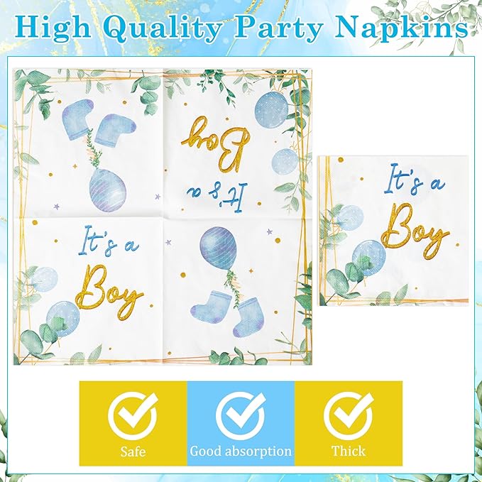 96Pcs It's a Boy Greenery Baby Shower Party Plates Supplies - Sage Green Watercolor Blue Balloon Party Tableware Decorations Disposable Paper Plates Napkins Fork for Birthday, Serves 24 Guests