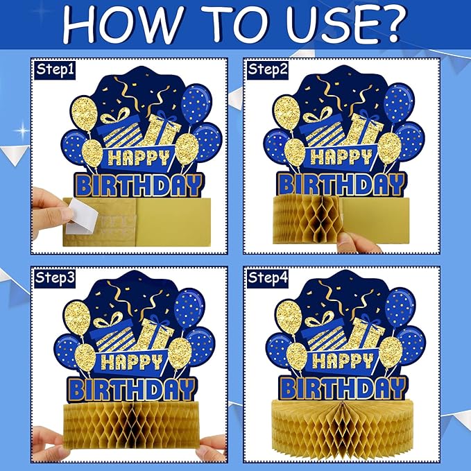 9 Pieces Blue Gold Birthday Table Decorations Happy Birthday Honeycomb Centerpieces Glitter Table Toppers, Blue and Gold Party Decorations for Kids Baby Shower, Men and Woman Party Supplies