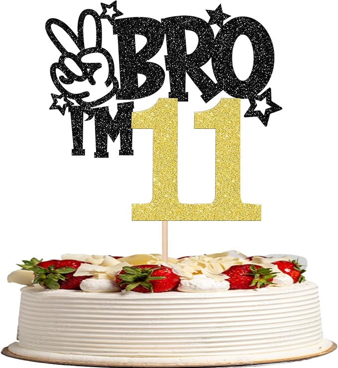 1 PCS Brother I'm 11 Cake Topper Glitter Star Happy 11th Birthday Cake Pick Bro I'm 11 Cake Decoration It's My 11th Birthday Decorations for Boys Cheers to 11 Years Old Birthday Party Supplies Gold