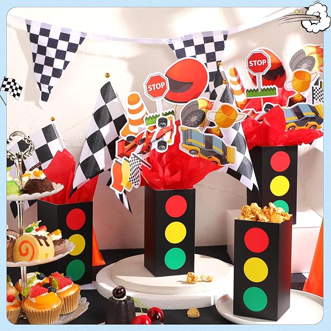 6 Sets Race Car Birthday Party Decorations Race Car Centerpieces for Tables with Traffic Boxes Themed Baby Shower Decoration Cutouts Checkered Flags for Birthday Theme Party Supplies