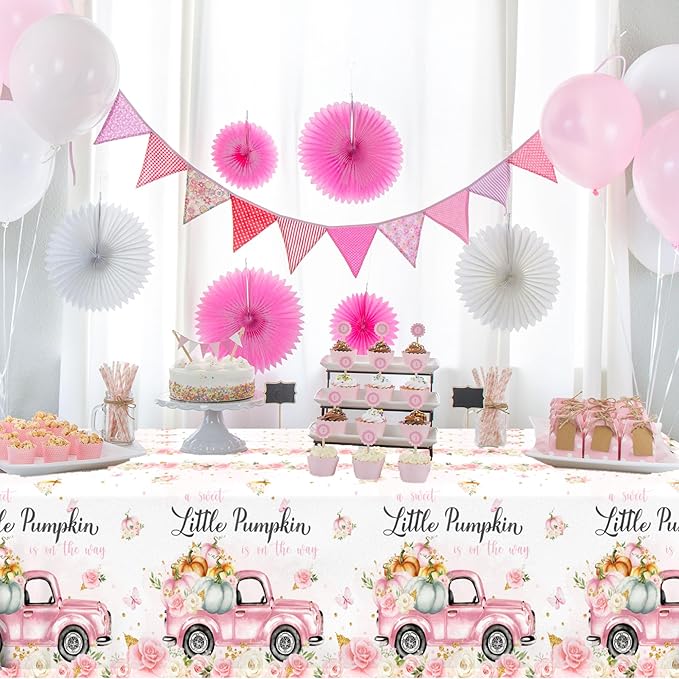 GREHUMOR Little Pumpkin Baby Shower Tablecloth a Sweet Little Pumpkin is on The Way Theme Pink Floral Truck Table Cover Plastic Disposable for Autumn Thanksgiving Baby Shower Party Decoration