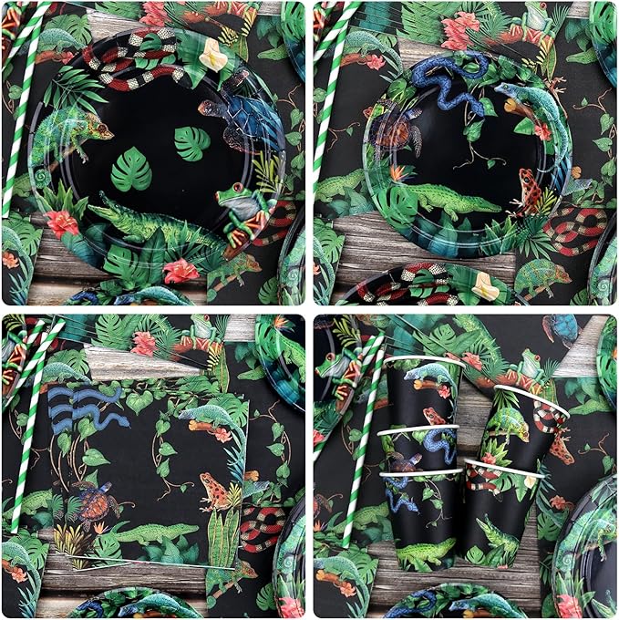 KEFAN Reptile Party Decorations, Wildlife Lizards Snakes Crocodiles Party Tableware Supplies including HAPPY BIRTHDAY Banner, Plates, Cups, Napkins, Tablecloth, Balloons-Serves 20