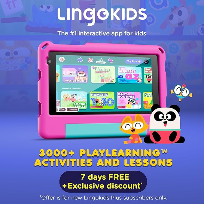 Contixo A7 Kids Tablet with 14 Apps, Lingokids & Epic, 7" HD Screen, Android 15, Parental Controls, WiFi, 3+32GB Storage, al Tablet for Kids Ages 3-12, Boys & Girls Gift, Pink