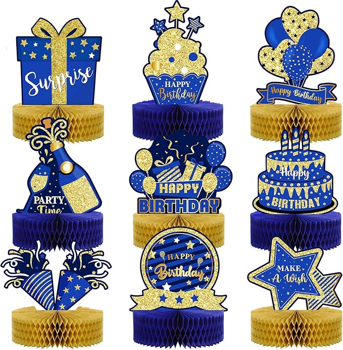 9 Pieces Blue Gold Birthday Table Decorations Happy Birthday Honeycomb Centerpieces Glitter Table Toppers, Blue and Gold Party Decorations for Kids Baby Shower, Men and Woman Party Supplies