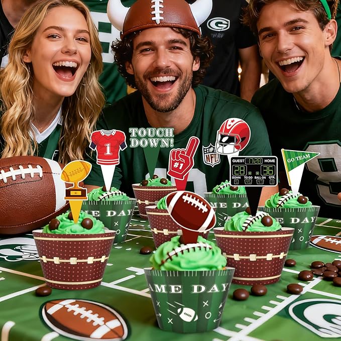 48 Pack Football Cupcake Toppers and Wrappers, Football Rugby Go Team Cake Decoration for Football Theme Birthday Party Sports Game Day Party Supplies