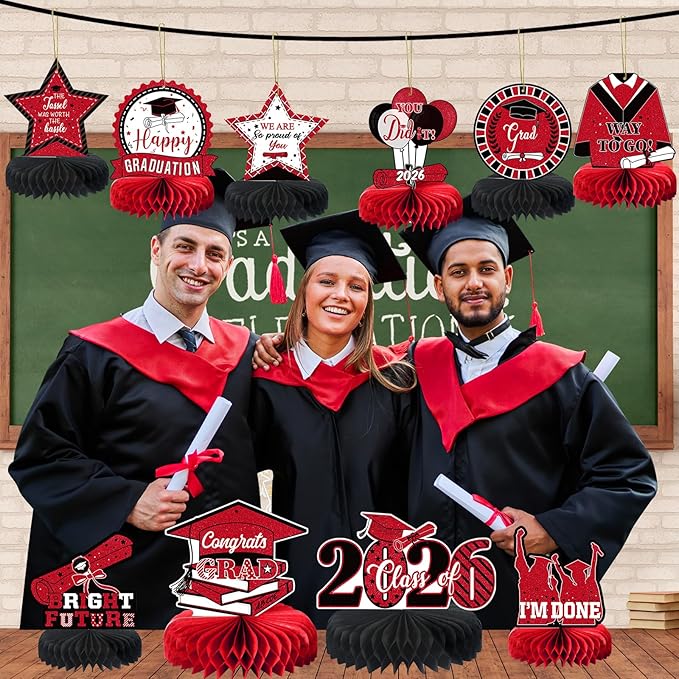 10PCS Graduation Party Decorations Class of 2026 Congrats Grad Table Centerpieces Congratulate Graduation Honeycomb Table Toppers for Graduation Party Supplies(Red Black)