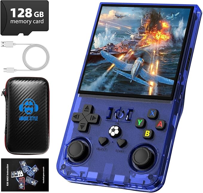 R36MAX Retro Handheld Game Console, 4.0 Inch 720x720 IPS Screen, 128GB Built-in 22000+ Classic Game, Portable Hand Held Open Source Linux System, 4000mAh Battery Retro Gaming Console(Blue 128GB)