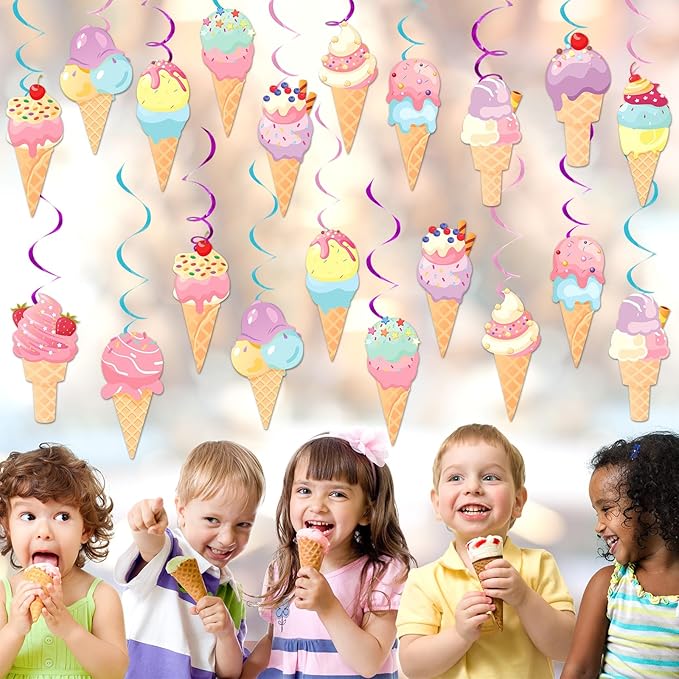 Chunnin 58Pcs Ice Cream Party Hanging Swirls Ice Cream Birthday Party Decoration Summer Creams Theme Ceiling Streamers Colorful Swirl Dessert Cone Streamers for Christmas Holidays Baby Shower Supplies