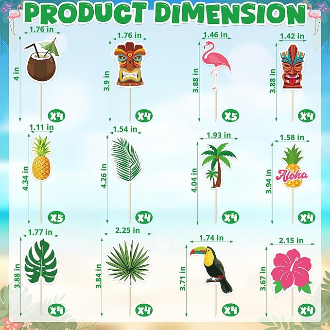 50 Pcs Tropical Cake Sticks, Disposable Tiki Flamingo Pineapple Palm Leaf Cake Toppers, Luau Cake Decorations for Summer Hawaiian Aloha Theme Events, Birthday, Wedding Party Supplies