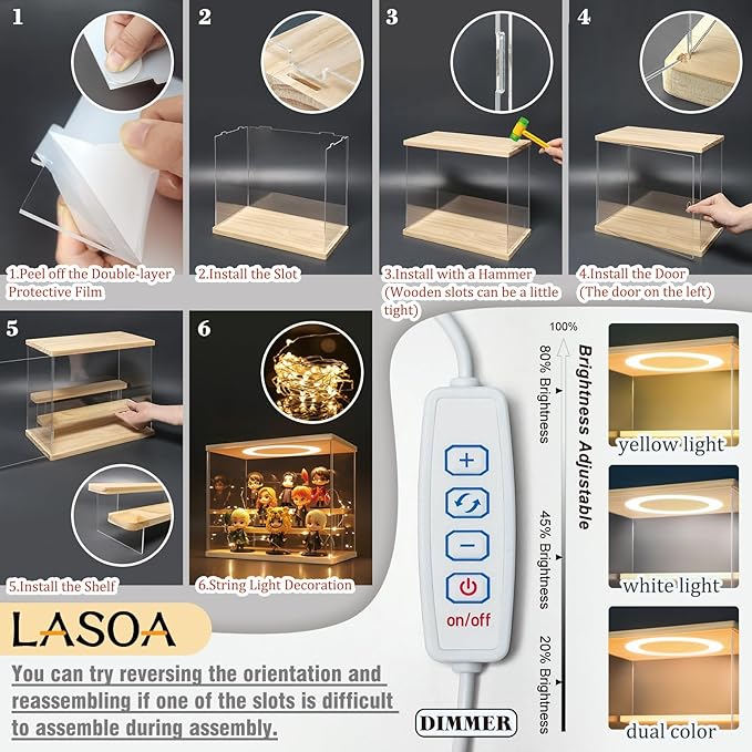 LASOA Acrylic Display Case with Adjustable LED Lights, 4 Tier Clear Display Box for Action Figures and Collectibles, Self-Assembly Showcase with Wooden Base for Miniatures, 11.8x8.9x11inch