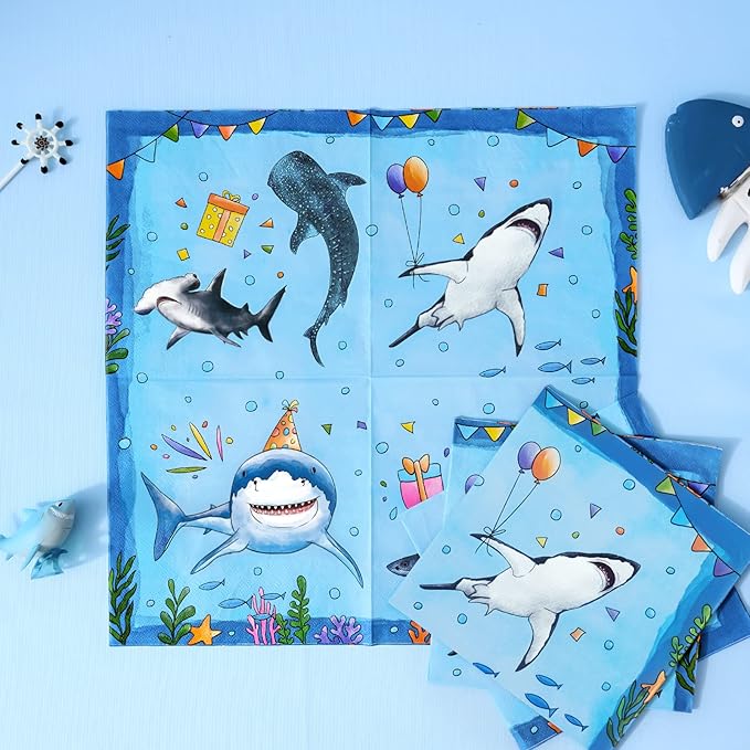 WERNNSAI Shark Birthday Party Decorations - 64PCS Under The Sea Birthday Decorations Blue Ocean Plates Cups Napkins Tableware for Kids Boys Baby Shower Summer Pool Party Decor Serves 16 Guests